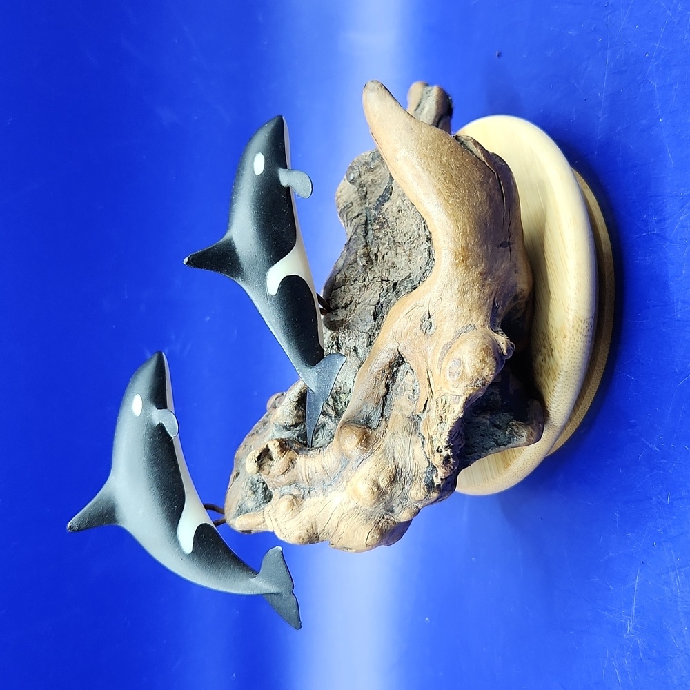 John Perry Orca Killer Whale Duo Sculpture on Burl Wood - Picture 3 of 8
